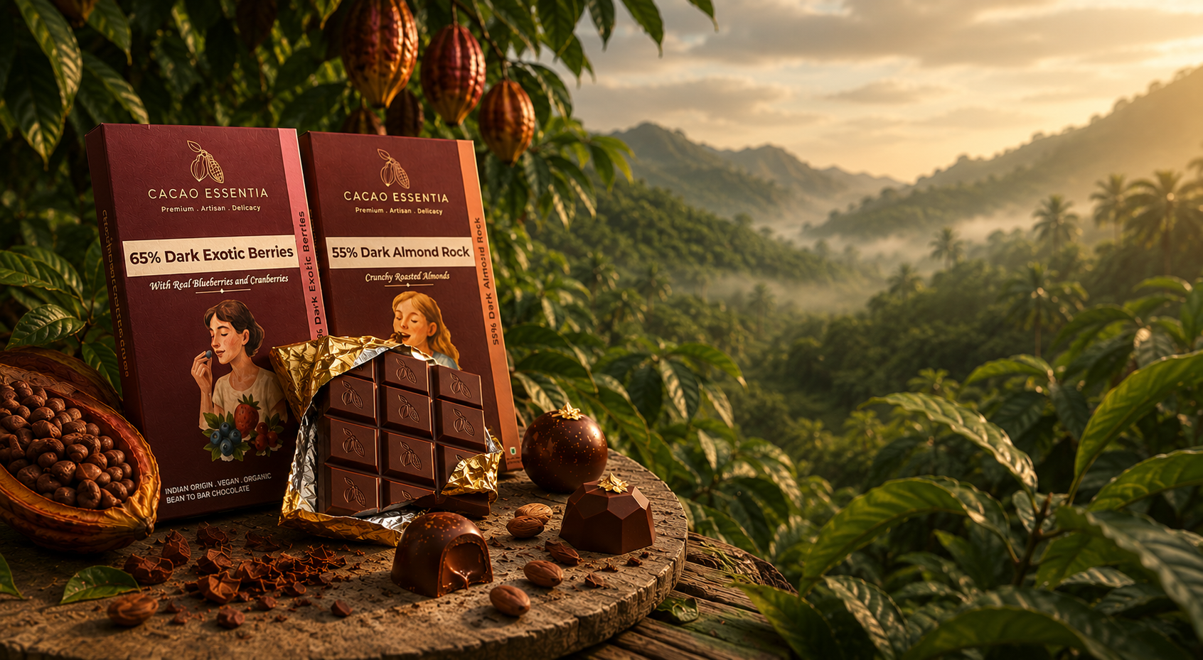 Cacao Escenista chocolate bars with a scenic background of mountains and trees.
